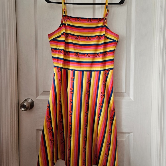 Modcloth Striped Hello Kitty Bow Print Dress Size Small Orange Yellow Pink Blue - Picture 1 of 5